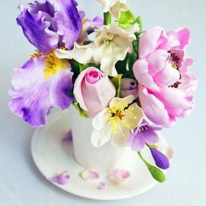 Home Decoration - Bouquet of Irises, Peony and Rose - Handmade Flower Floral Decor Ornament - Cold porcelain