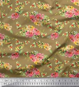 Soimoi Green Velvet Fabric Leaves & Peony Floral Print Fabric by-TVO