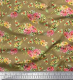Soimoi Green Velvet Fabric Leaves & Peony Floral Print Fabric by-TVO