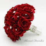 Red Rose Wedding Bouquet Rhinestones Winter, Round Bride Bouquet Artificial Brooch and Crystals, Silk Wedding Bridal Bouquet Bling