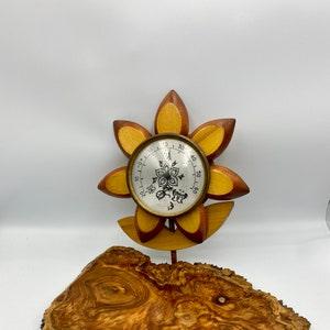 Vintage wooden thermometer, 1990s, flower power, boho design, MCM inspired, hand crafted, crazy daisy, lotus flower, sunflower, celcius temp