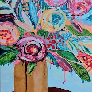 Abstract flowers, golden vase, flowers pouring tears, peonies, colorful bouquet, handmade acrylic and oil painting, ready to display