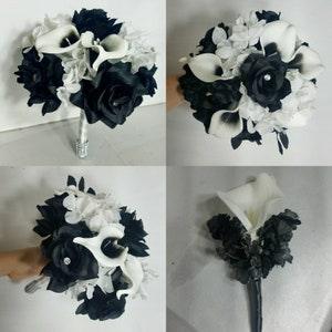 Black White Rose Calla Lily Bridal Wedding Bouquet Accessories