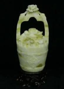 9" Natural Green Jade Wealth Yuanbao Money Coin Peony Flower Barrel Bucket