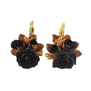 Black and Gold Rose Bouquet Earrings | Black Gold Floral Dangle Earrings | Black Gold Jewelry