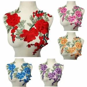 2PCS Peony Flowers Leaves Embroidery Fabric Appliques Sew Patches Wedding Crafts