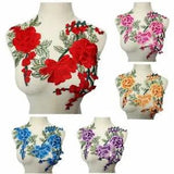 2PCS Peony Flowers Leaves Embroidery Fabric Appliques Sew Patches Wedding Crafts