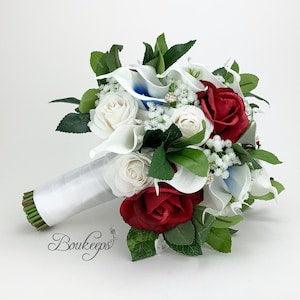 CHOOSE RIBBON COLOR - White, Red, Royal Blue Bouquet, White Calla Lily, White Rose, Red Rose, Gold, Greenery, Baby's Breath, Wedding