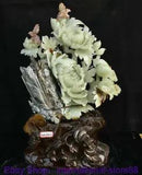 19.2" China Natural Xiu Jade Carving Feng Shui Peony Flower Butterfly Statue
