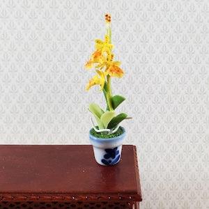 Dollhouse Orchid Plant in Ceramic Planter Yellow 1:12 Scale Miniature Flowers