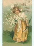 NEW LISTINGPre-Linen GIRL IN THE YELLOW DRESS WITH LILY FLOWERS : make an offer AC1765