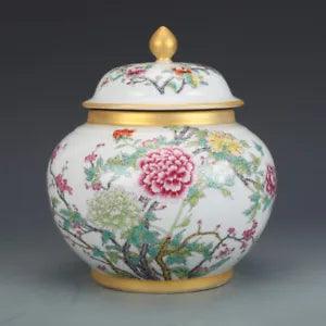 8" Chinese Qing Colour Enamels Porcelain Gild Tree Peony Flower Caddy Pot