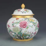 8" Chinese Qing Colour Enamels Porcelain Gild Tree Peony Flower Caddy Pot