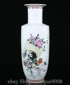 11'' Old Chinese Famille Rose Porcelain Peony Flower Chicken Chook Bottle Vase