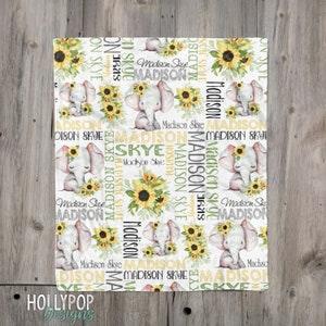 Sunflower Elephant Baby Girl Name Blanket, Baby Girl Yellow Flower Elephant Blanket, Personalized Baby Girl Blanket, Girl Baby shower Gift