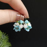Blue white earrings, Flower earrings, Flower bouquet, Floral jewelry, Blue jewelry gift, Miniature earrings
