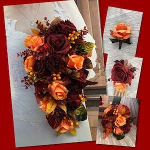 Artificial Burgundy and Orange Fall in Love Rose Bridal Bouquet Set, Fall Bridal Flowers, Burgundy Rose Wedding Flowers