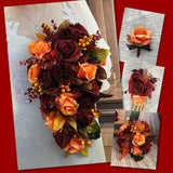 Artificial Burgundy and Orange Fall in Love Rose Bridal Bouquet Set, Fall Bridal Flowers, Burgundy Rose Wedding Flowers