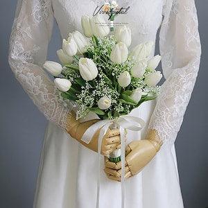 Real Touch White Ivory Tulip Baby's Breath Bridal Bridesmaid Bouquet Groomsmen boutonni¡§¡§res Set Choose ribbon color Real Touch Bouquet