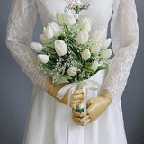 Real Touch White Ivory Tulip Baby's Breath Bridal Bridesmaid Bouquet Groomsmen boutonni¡§¡§res Set Choose ribbon color Real Touch Bouquet