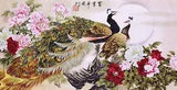 ORIENTAL ASIAN ART CHINESE WATERCOLOR PAINTING-Peacock lover&Peony flower&moon