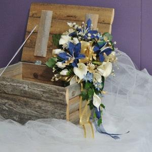 Wedding blue cascade bouquet with real touch Calla lilies & blue lilies