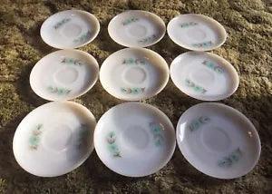FIRE KING Oven Ware Bonnie Blue Carnation Flower Tea Saucer 9-Pieces