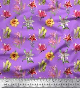 Soimoi Purple Cotton Poplin Fabric Lily & Lotus Floral Print Fabric-nOL