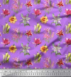 Soimoi Purple Cotton Poplin Fabric Lily & Lotus Floral Print Fabric-nOL