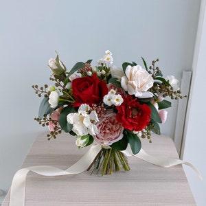 Red and White Silk Bridal Bouquet, Wedding Bouquet, Silk Flower Bouque