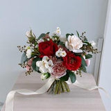 Red and White Silk Bridal Bouquet, Wedding Bouquet, Silk Flower Bouque