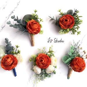 Rusty Burnt Orange Silk Ranunculus Boutonniere Wrist Corsage Set Wedding Artificial Flowers Boutineer Wristlet Faux Buttonhole for Men Decor
