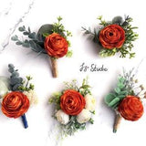 Rusty Burnt Orange Silk Ranunculus Boutonniere Wrist Corsage Set Wedding Artificial Flowers Boutineer Wristlet Faux Buttonhole for Men Decor