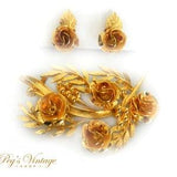 Vintage Gold Tone Rose Brooch & Clip Earrings,  Gold Rose Flower Bouquet Brooch Set
