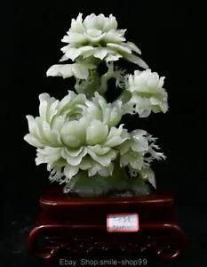 16" Chinese Natural Xiu Green Jade Carving Feng Shui Peony Flower Base Sculpture