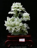 16" Chinese Natural Xiu Green Jade Carving Feng Shui Peony Flower Base Sculpture