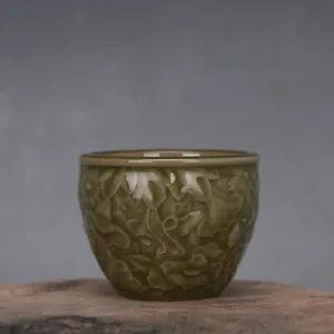 2.6"China Jingdezhen Porcelain Longquan Tea Glaze Peony Basso-relievo Flower Pot