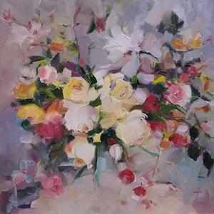 Wall Decore, Original Artwork, Rose oil painting. Antique Look Flower Wall Art, White Rose Painting. Presents, Paintings on Canvas Original.