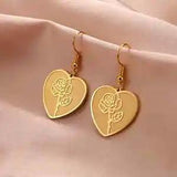 12 Birth Flowers Heart Dangle Earrings Stainless Steel Jewelry Birthday Gift