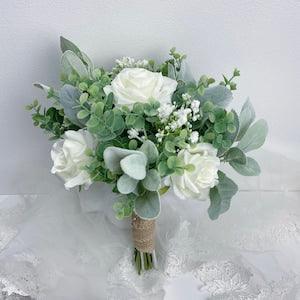 White greenery Wedding bouquet , lambs ears,bridesmaids bouquet ,white rose bouquet