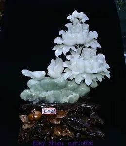 18.1'' Chinese Natural White Xiu Jade Peony Flower Bird Birds Animal Statue