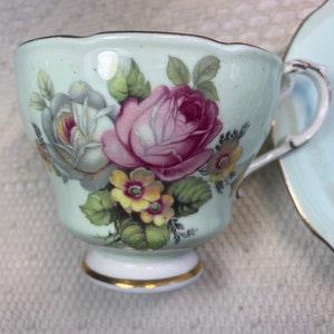 Paragon, Vintage Green Mint PINK & WHITE Roses Floral Bouquet Teacup and Saucer, Hard to Find, 1939-1949 Double Warrant