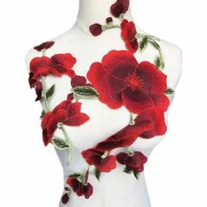 2PCS Red Peony Flowers Trims Fabric Wedding Appliques Embroidered Ribbon Crafts