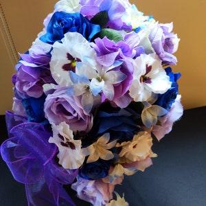 Cascade Bridal Bouquet - Artificial Wedding Flowers - Royal Blue - Purple - Roses - Wedding - Affordable