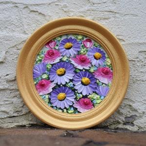 Floral Art Original Painting Framed Purple Daisy Pink Rose Round Miniature Bouquet Flowers Artwork Oil Painting Small Wal Art