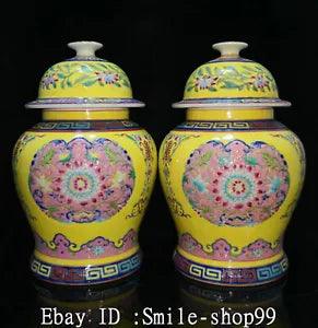 8.6" Old Qing Dynasty Enamel Colour Porcelain Peony Flower Crock Pot Jar Pair