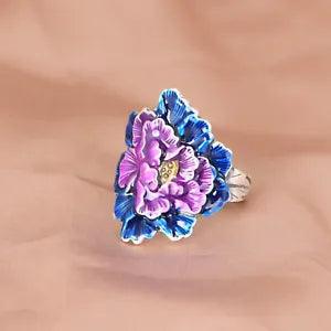 Pure S990 Fine Silver Band Lucky Women Enamel Big Peony Flower Ring
