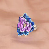 Pure S990 Fine Silver Band Lucky Women Enamel Big Peony Flower Ring