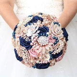Navy blue Blush pink  rose gold wedding brooch bouquet. Alternative flowers bridal jewelry bouquet