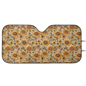 Sunflower Meadow Windshield SunShade, Floral Sunshade for Car, Cottagecore Sun Visor for Car Windshield, Flower Car Gift, Faux Embroidery